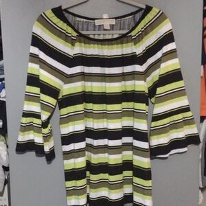 MICHAEL KORS BASICS STRIPED  GREEN/black/White BELL SLEEVES/SCOOP NECK size med